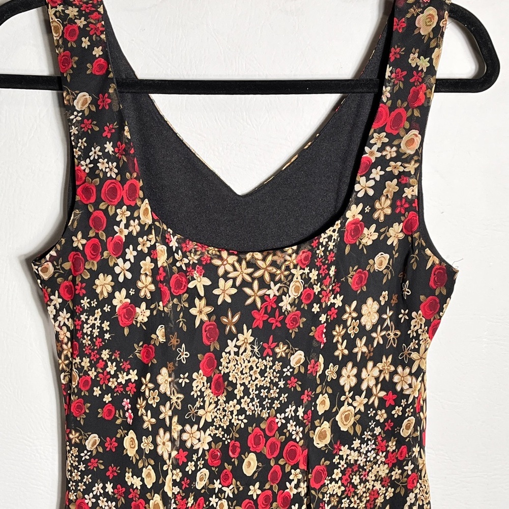 Vintage Meghan Matthers Floral Black and Red Midi Dress sz 10 - Picture 5 of 12